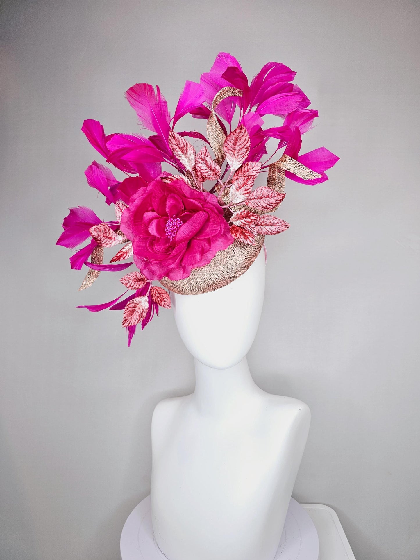 kentucky derby hat fascinator dusty rose pink sinamay,fuchsia pink branching feathers,light pink ombre leaves,large hot pink satin silk rose