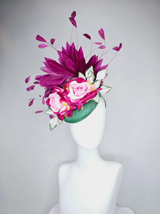 kentucky derby hat fascinator green sinamay with magenta purple branching feathers,light green ombre leaves,pink yellow fuchsia satin roses