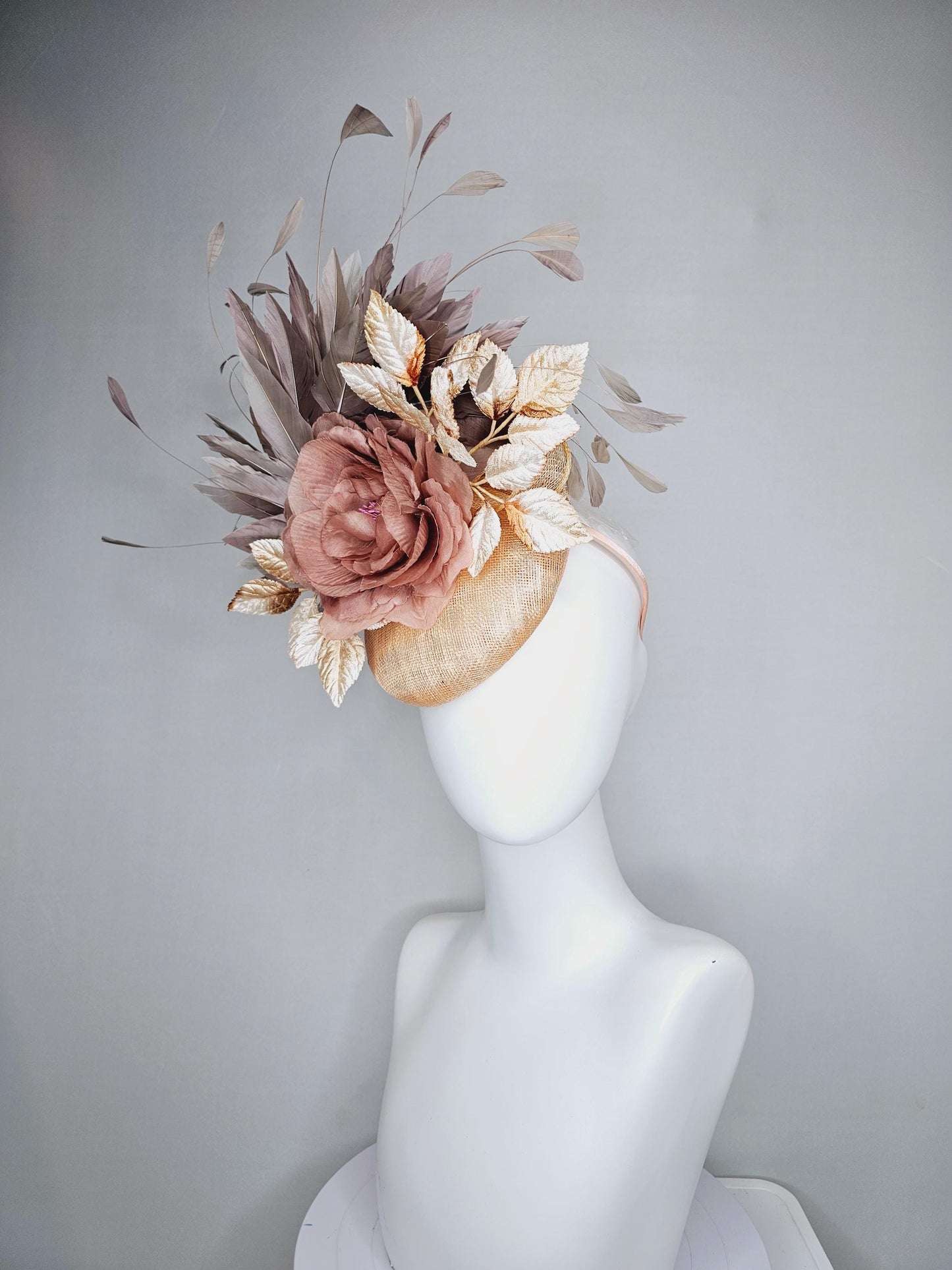 kentucky derby hat fascinator neutral beige gold sinamay, dusty pink satin silk rose flower, gold leaves, taupe gray branching feathers