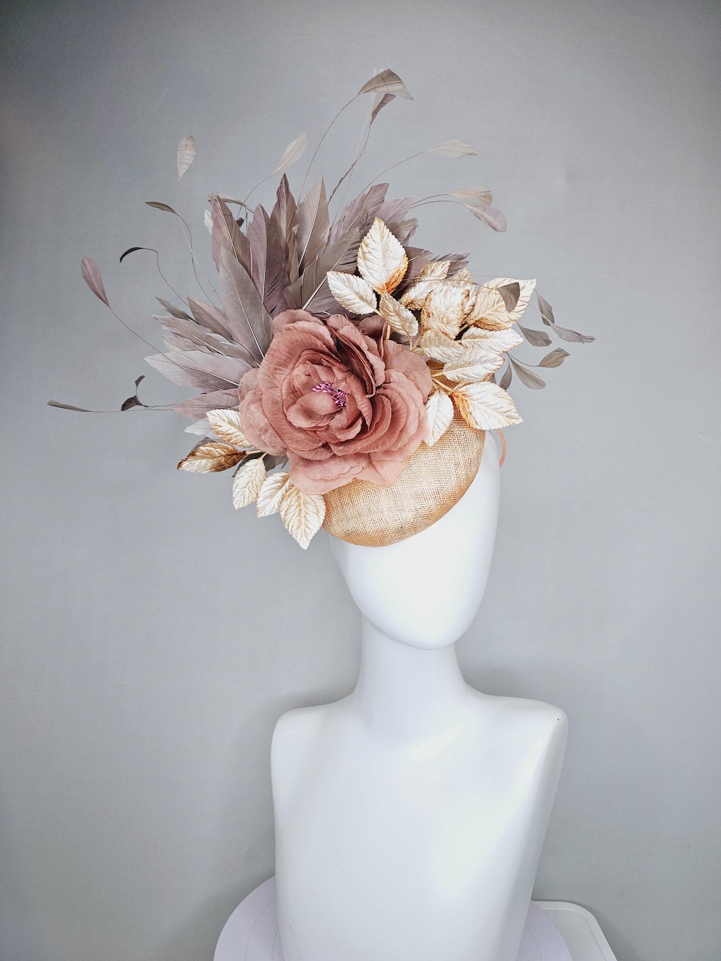 kentucky derby hat fascinator neutral beige gold sinamay, dusty pink satin silk rose flower, gold leaves, taupe gray branching feathers