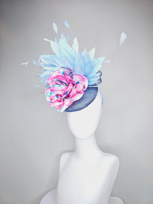 kentucky derby hat fascinator blue sinamay with light blue branching feathers and large pink and blue tie dye satin rose flower