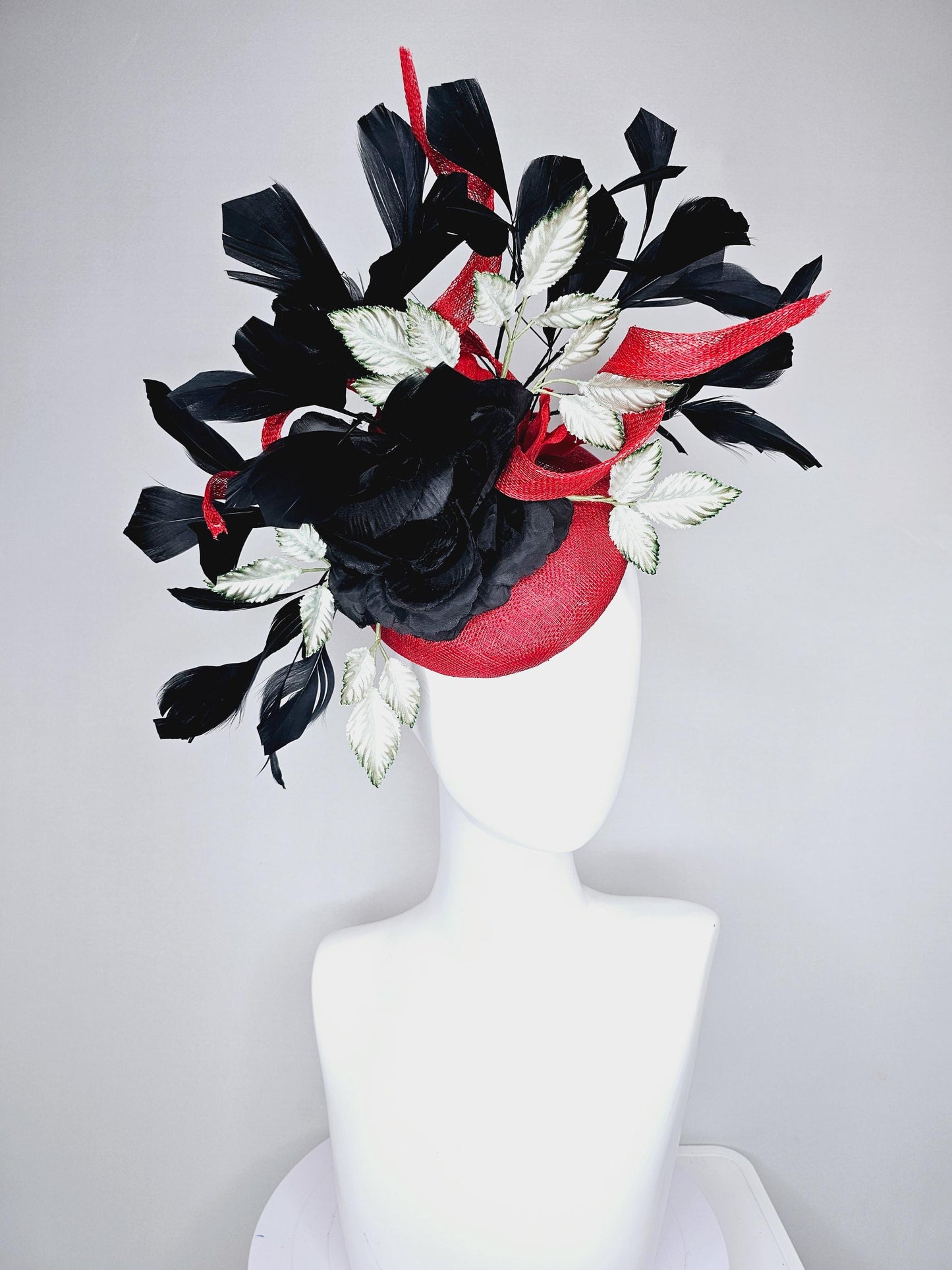 kentucky derby hat fascinator red sinamay base with red sinamay curls, black satin rose flower, ombre green leaves, black branching feathers