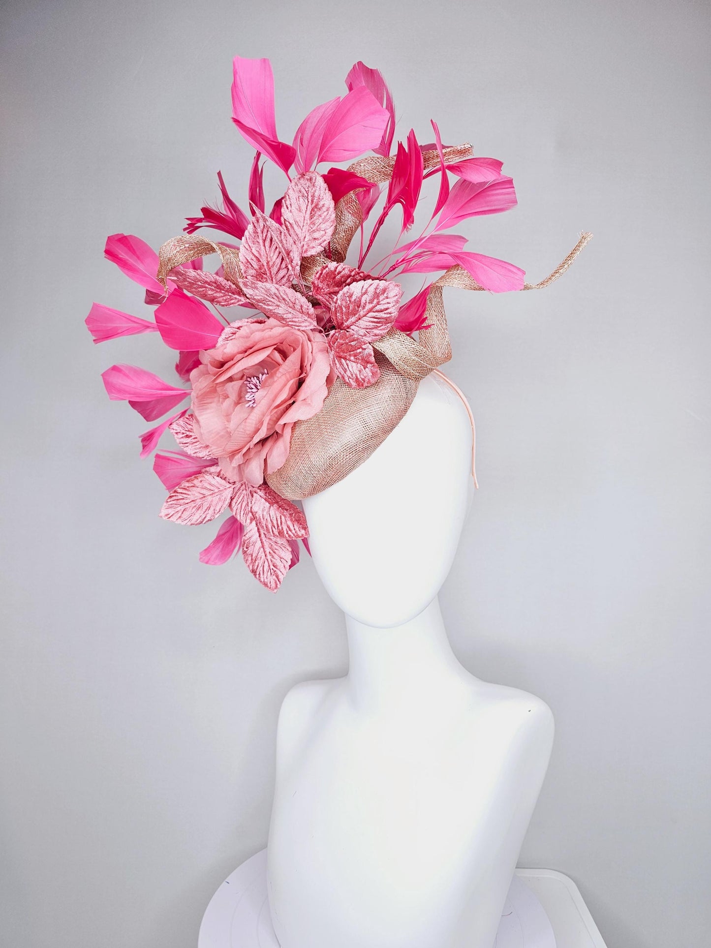 kentucky derby hat fascinator dusty pink sinamay base with sinamay curls,blush pink satin flower, blush pink leaves, pink branching feathers