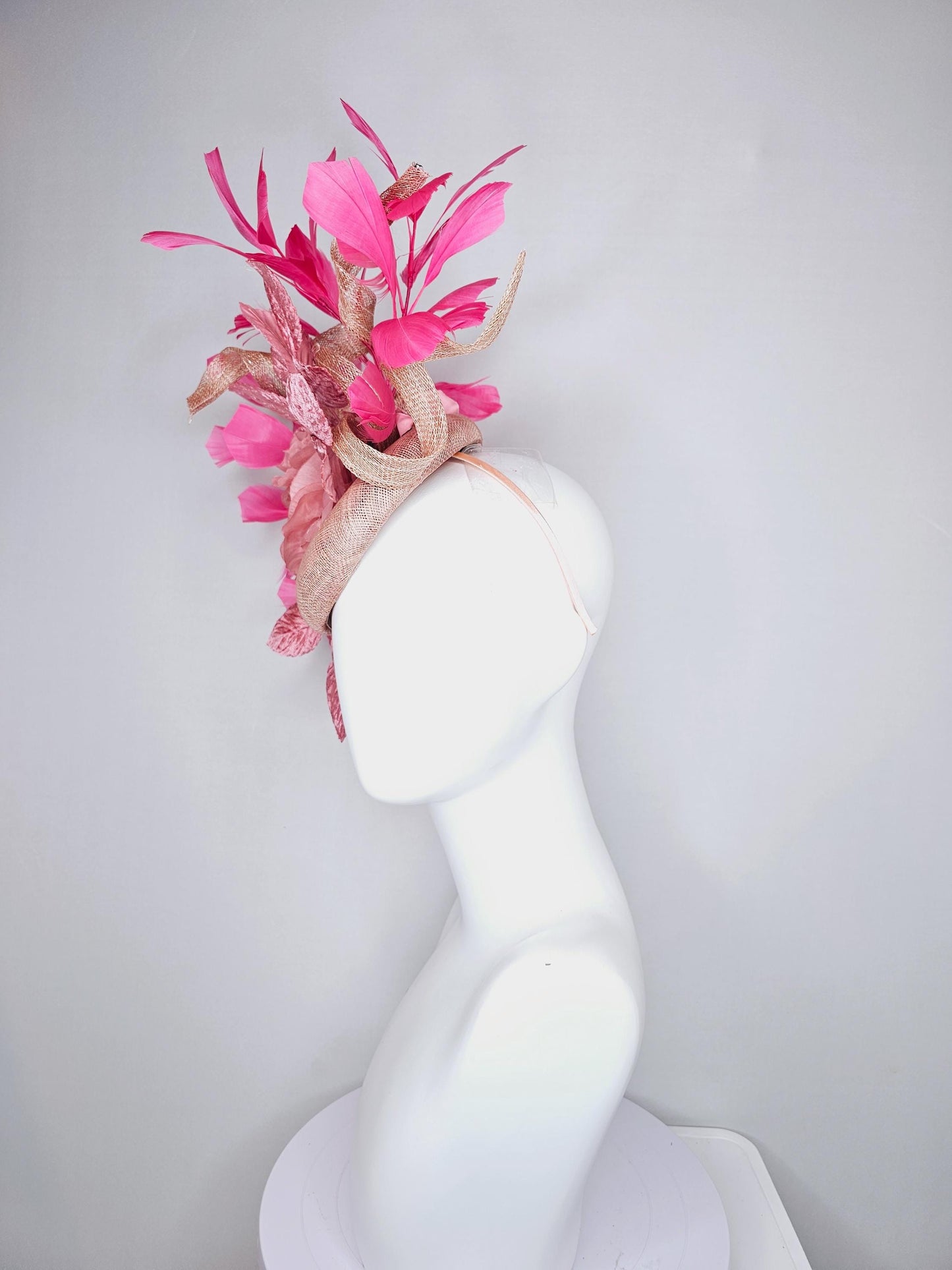 kentucky derby hat fascinator dusty pink sinamay base with sinamay curls,blush pink satin flower, blush pink leaves, pink branching feathers