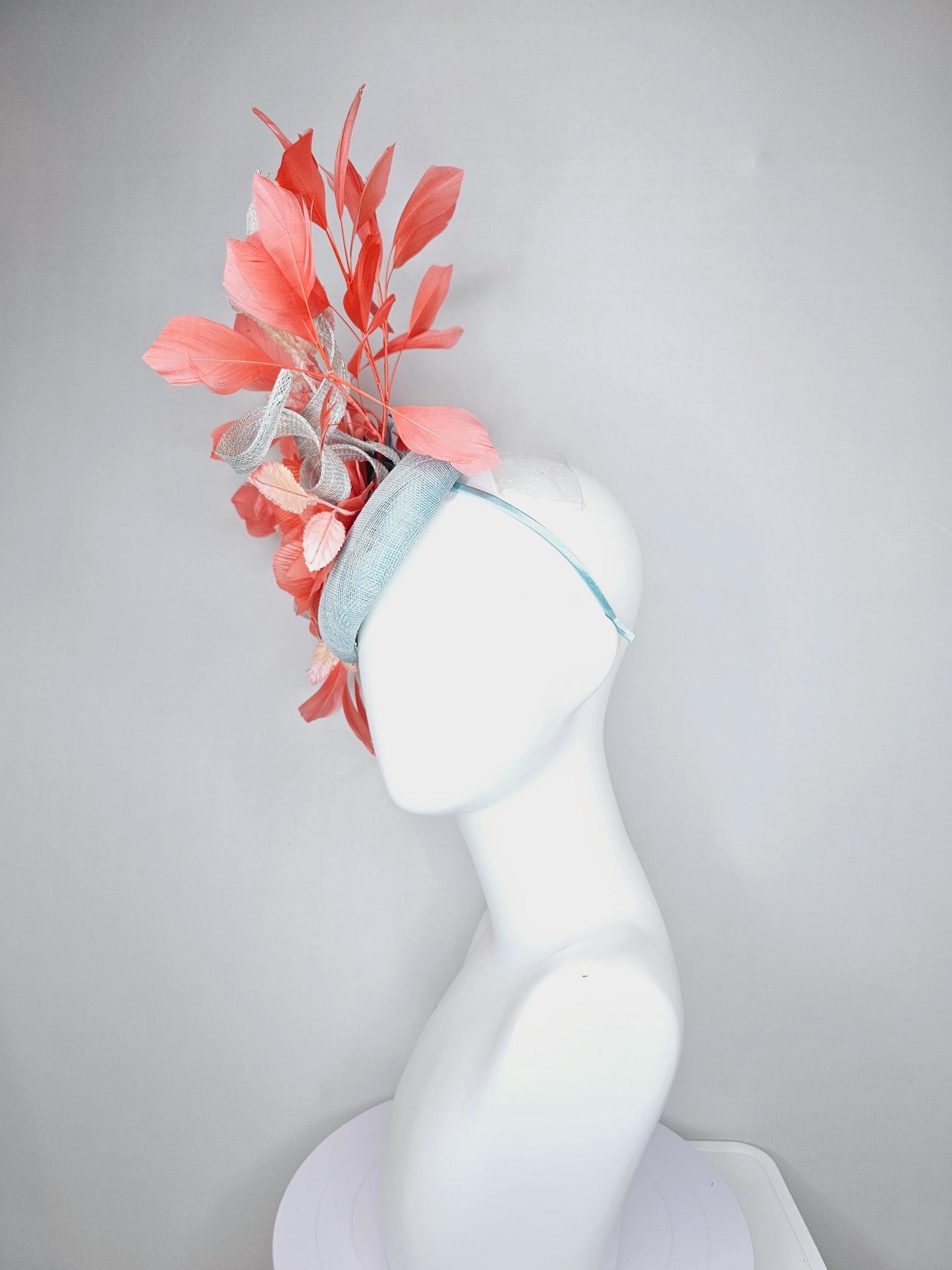 kentucky derby hat fascinator light blue sinamay w/ sinamay curls, coral peach orange satin flower, ombre peach leaves,coral orange feathers