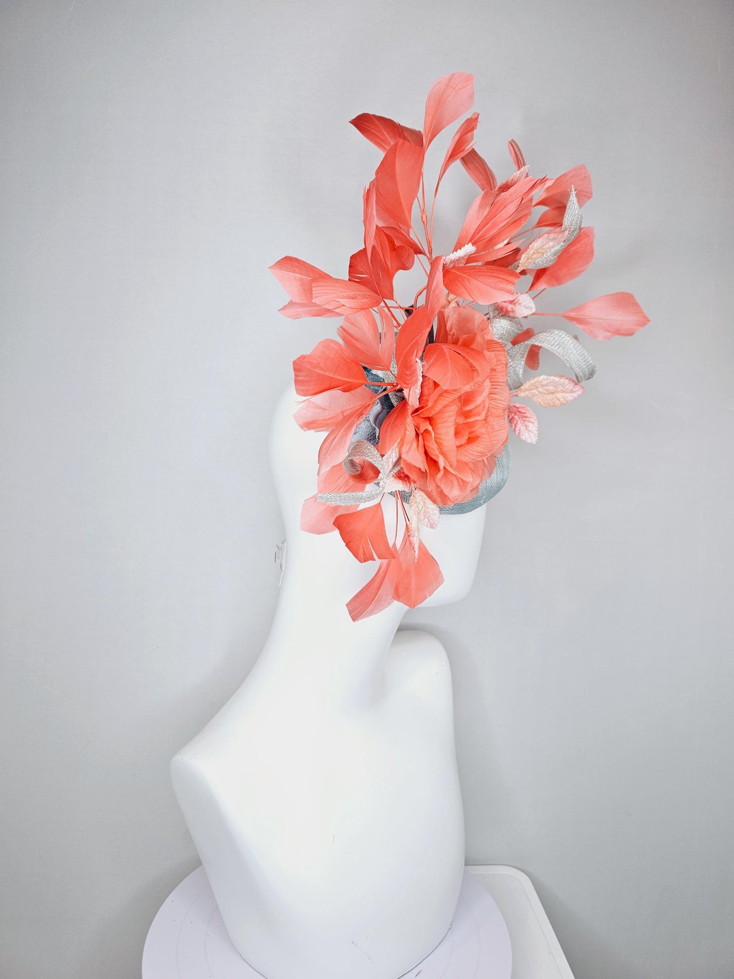 kentucky derby hat fascinator light blue sinamay w/ sinamay curls, coral peach orange satin flower, ombre peach leaves,coral orange feathers