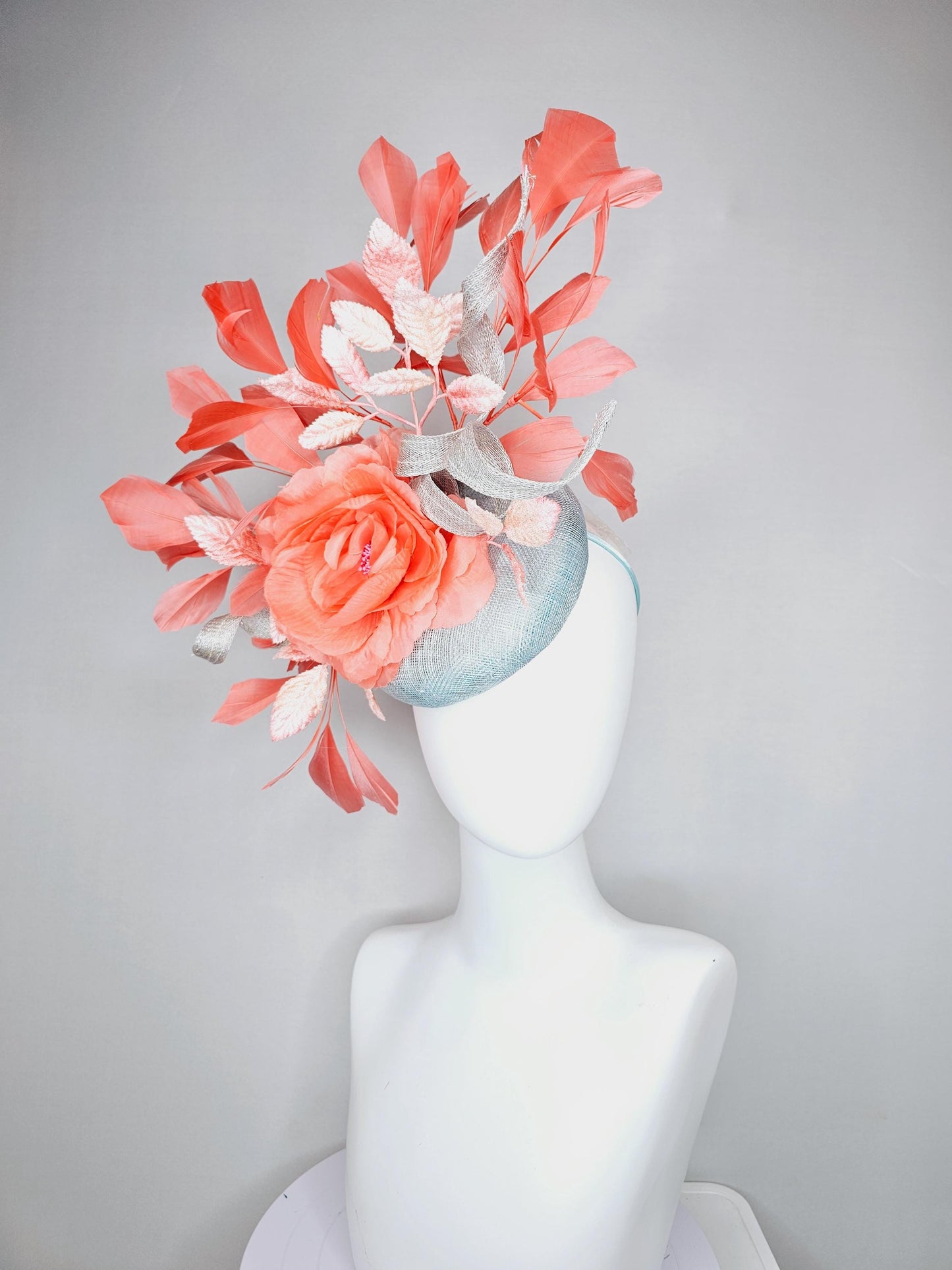 kentucky derby hat fascinator light blue sinamay w/ sinamay curls, coral peach orange satin flower, ombre peach leaves,coral orange feathers