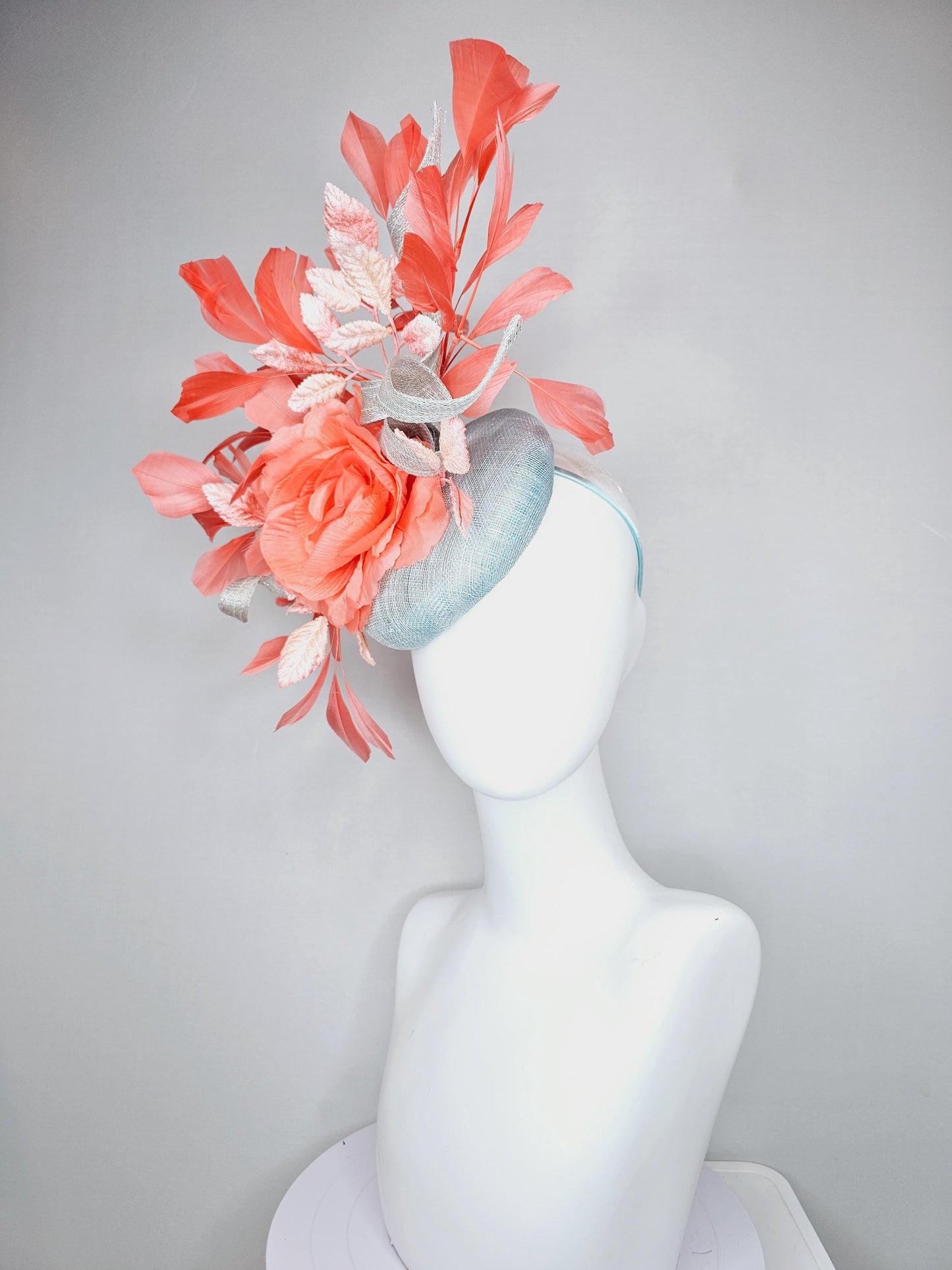 kentucky derby hat fascinator light blue sinamay w/ sinamay curls, coral peach orange satin flower, ombre peach leaves,coral orange feathers