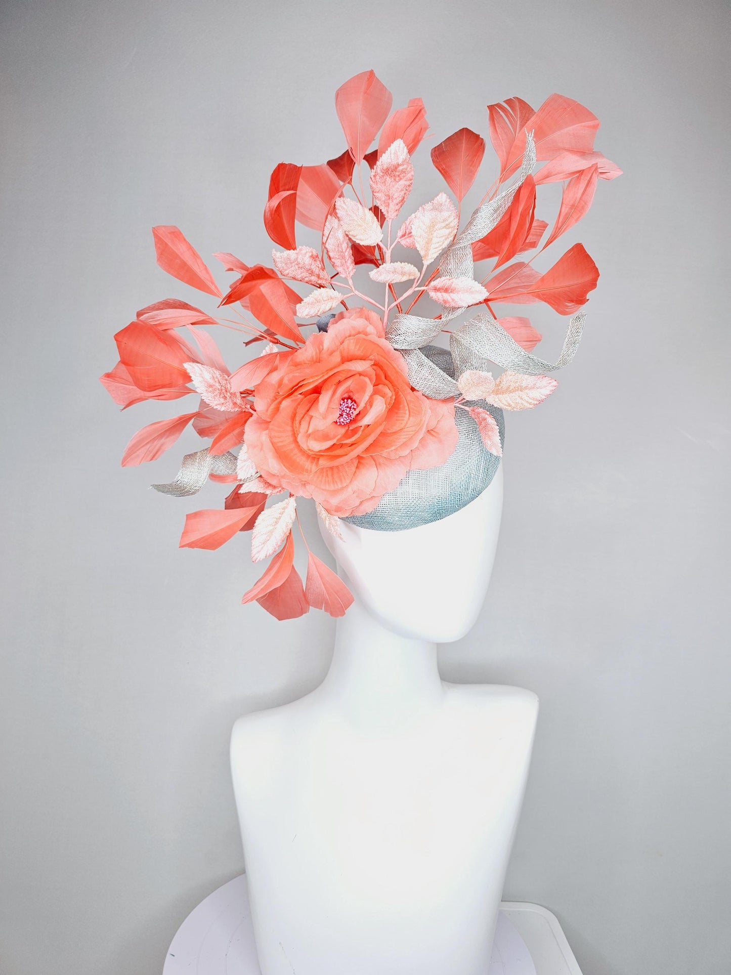 kentucky derby hat fascinator light blue sinamay w/ sinamay curls, coral peach orange satin flower, ombre peach leaves,coral orange feathers