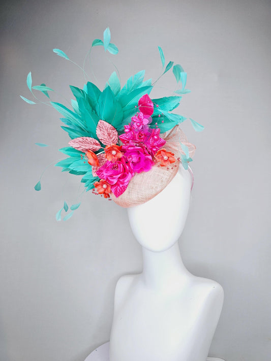 kentucky derby hat fascinator light pink sinamay with mint green branching feathers,bright pink coral orange satin flowers,blush pink leaves