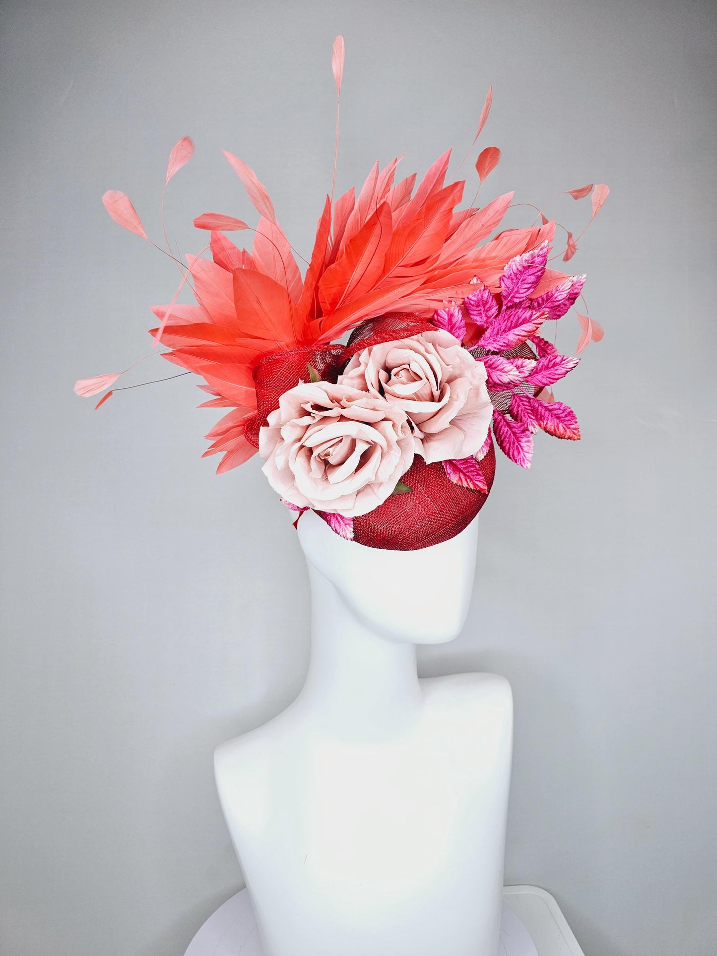 kentucky derby hat fascinator red sinamay with curls,coral orange branching feathers, pink velvet leaves,light rose pink satin silk flowers