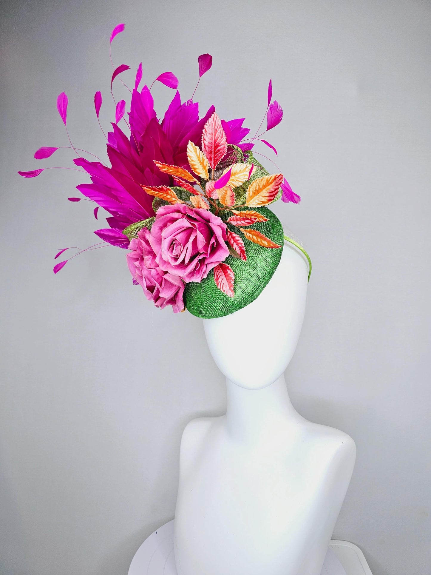 kentucky derby hat fascinator green sinamay with fuchsia purple branching feathers,ombre orange leaves,pink satin silk rose flowers