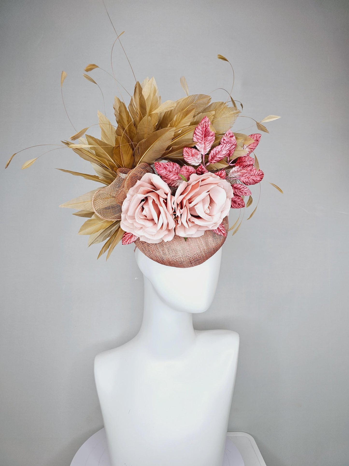 kentucky derby hat fascinator dusty light pink sinamay,taupe beige branching feathers,pink ombre leaves,light blush pink satin silk roses