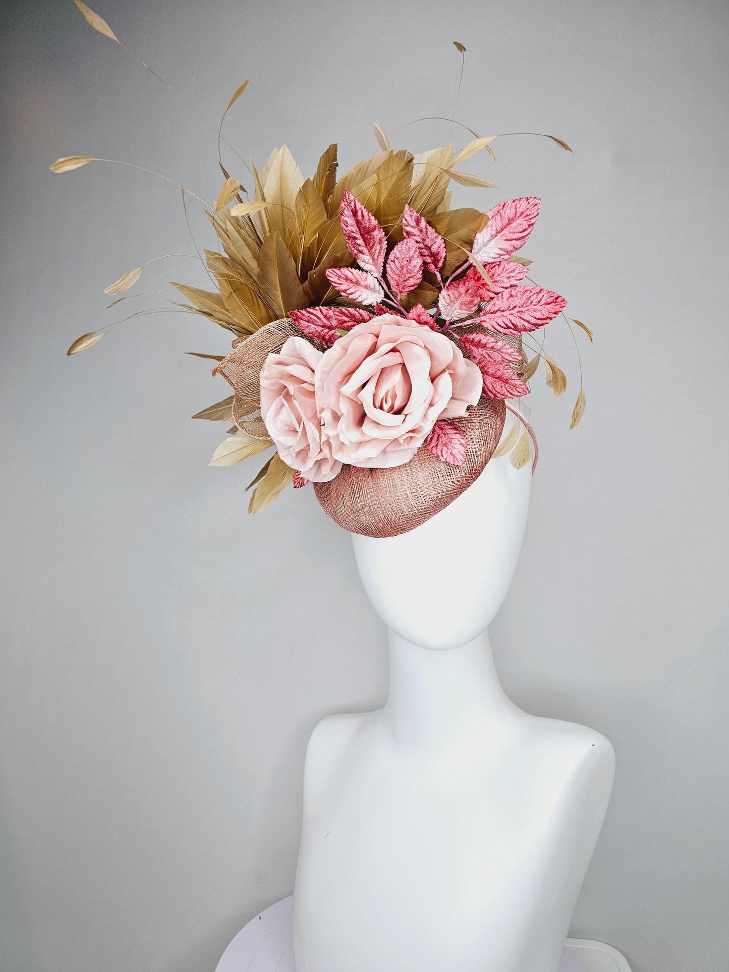 kentucky derby hat fascinator dusty light pink sinamay,taupe beige branching feathers,pink ombre leaves,light blush pink satin silk roses