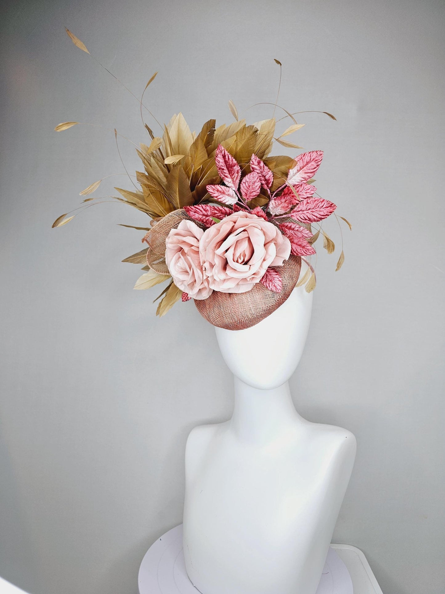 kentucky derby hat fascinator dusty light pink sinamay,taupe beige branching feathers,pink ombre leaves,light blush pink satin silk roses