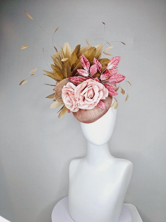 kentucky derby hat fascinator dusty light pink sinamay,taupe beige branching feathers,pink ombre leaves,light blush pink satin silk roses