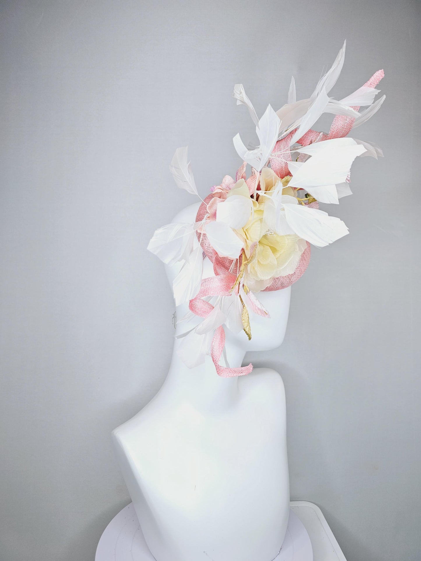 kentucky derby hat fascinator light pink sinamay with curls,white branching feathers,light pastel yellow satin silk rose,yellow pink leaves