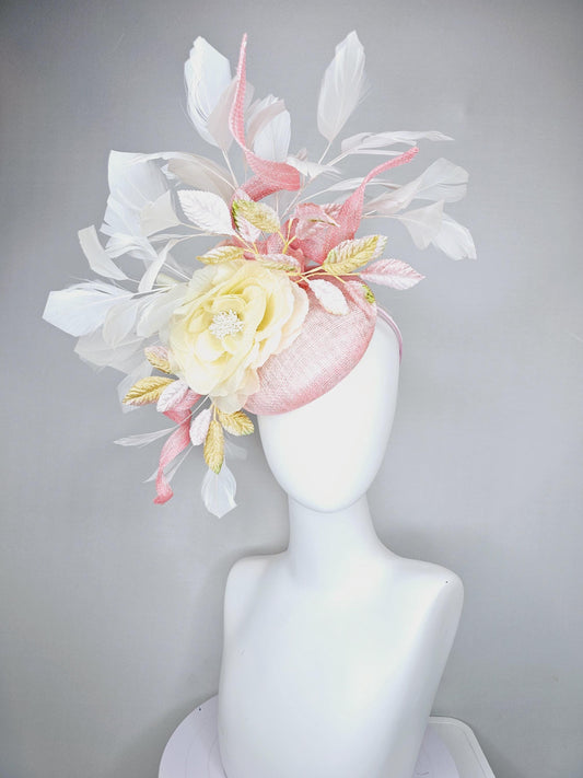 kentucky derby hat fascinator light pink sinamay with curls,white branching feathers,light pastel yellow satin silk rose,yellow pink leaves