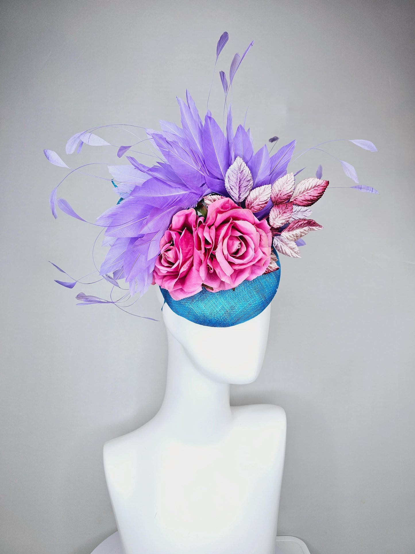 kentucky derby hat fascinator bright blue sinamay,lavender purple branching feathers,pink satin silk rose,pink beige ombre velvet leaves