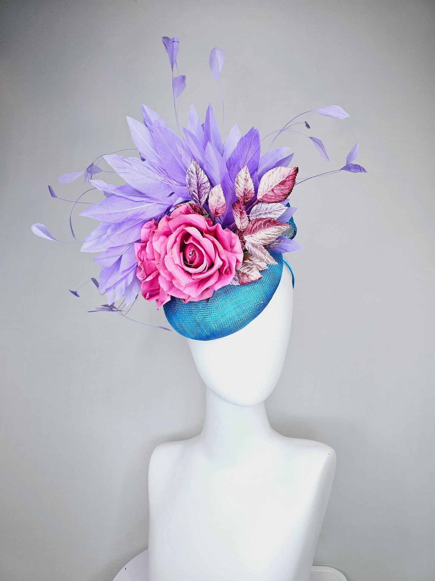 kentucky derby hat fascinator bright blue sinamay,lavender purple branching feathers,pink satin silk rose,pink beige ombre velvet leaves