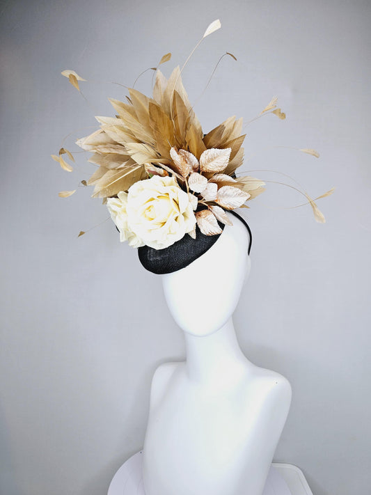 kentucky derby hat fascinator black sinamay,brown tan gold branching feathers,cream ivory satin silk roses,beige neutral ombre leaves