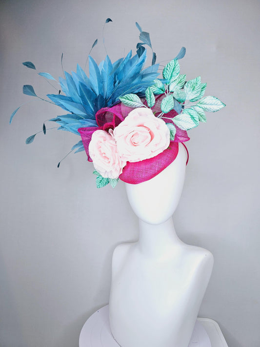 kentucky derby hat fascinator pink sinamay base with sinamay bow, sky blue branching feathers, mint green leaves,light pink satin silk roses