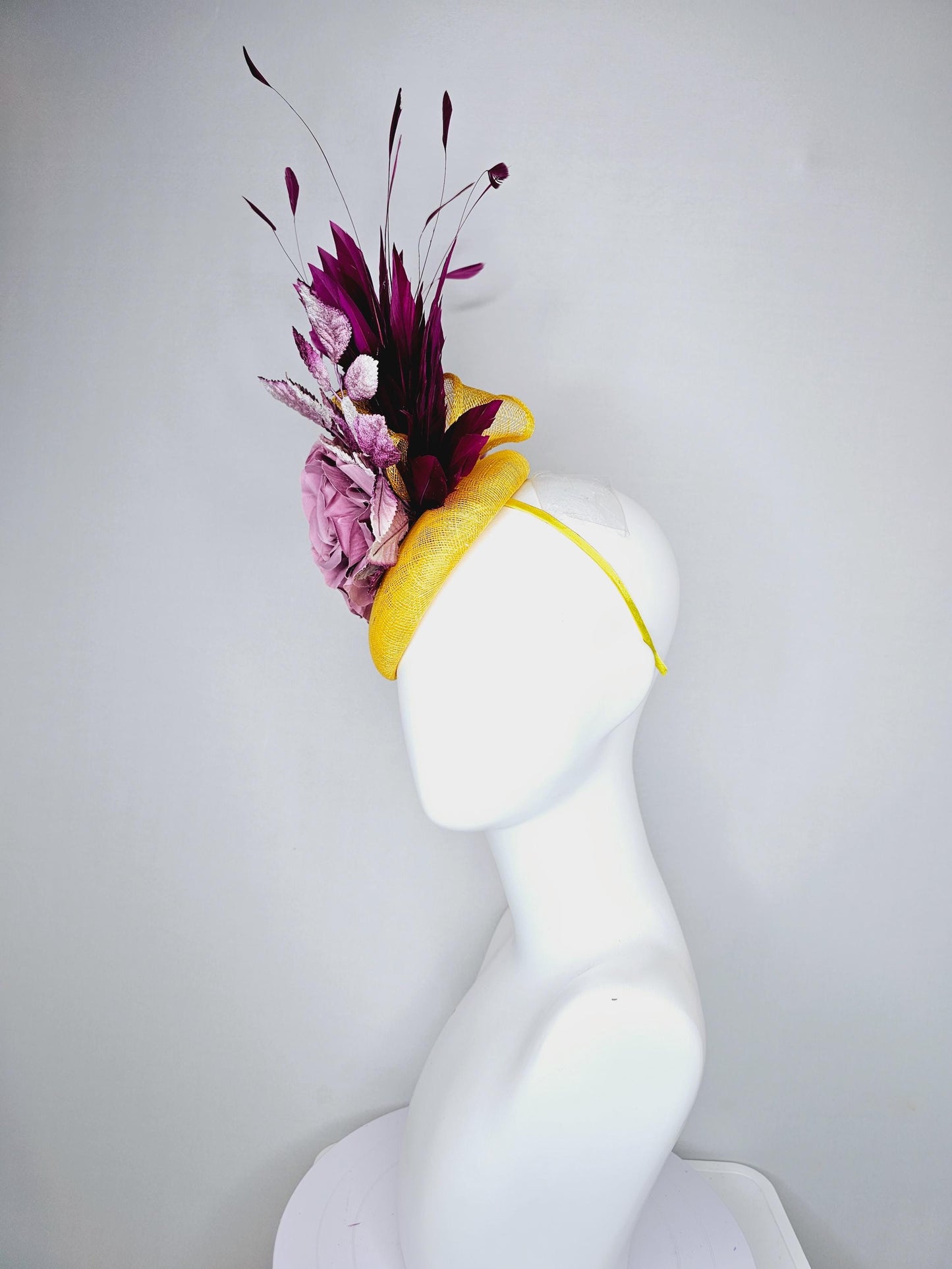 kentucky derby hat fascinator yellow sinamay base w/ yellow sinamay bow,magenta purple feathers,ombre purple leaves,lilac purple satin roses