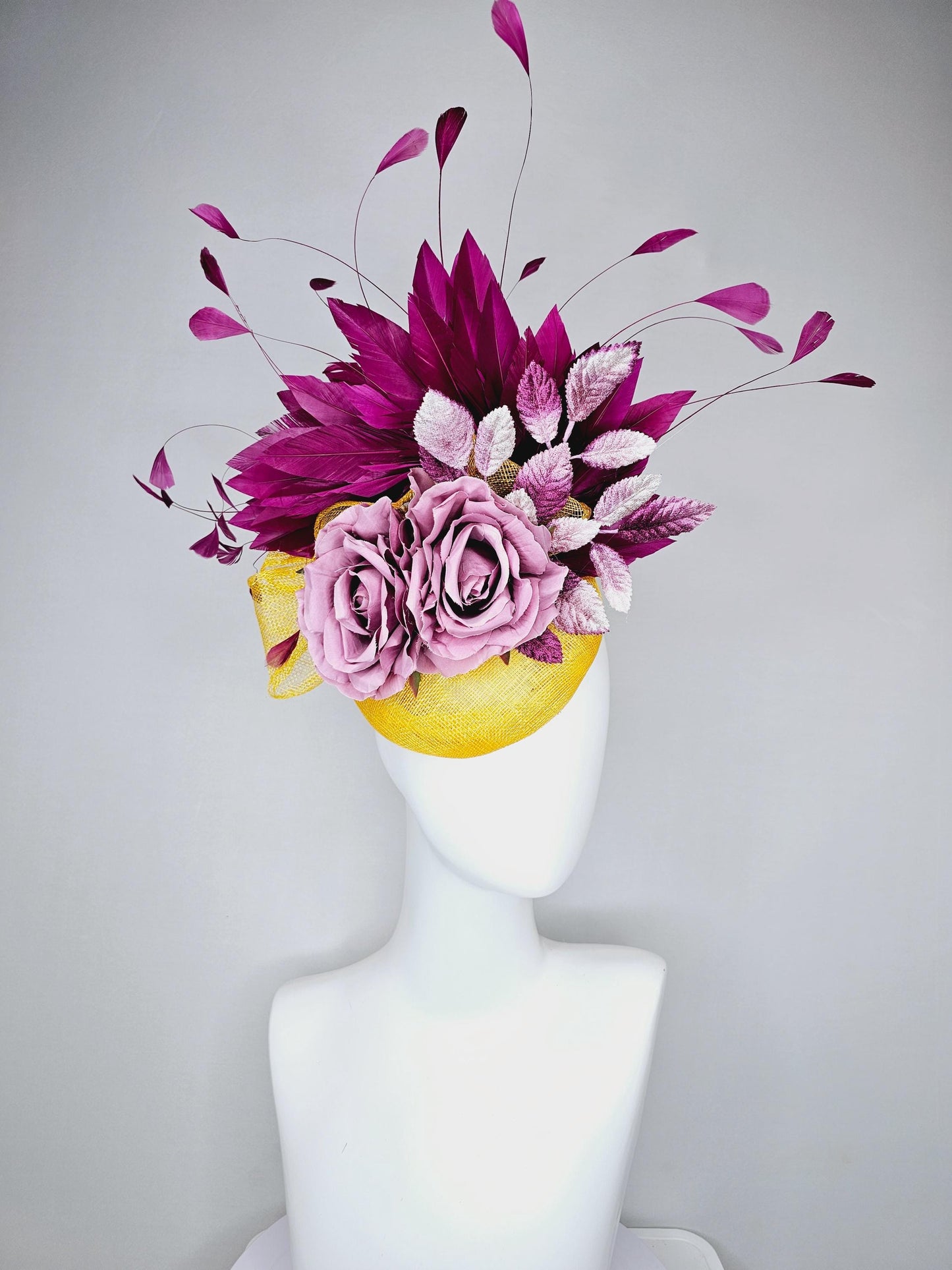 kentucky derby hat fascinator yellow sinamay base w/ yellow sinamay bow,magenta purple feathers,ombre purple leaves,lilac purple satin roses