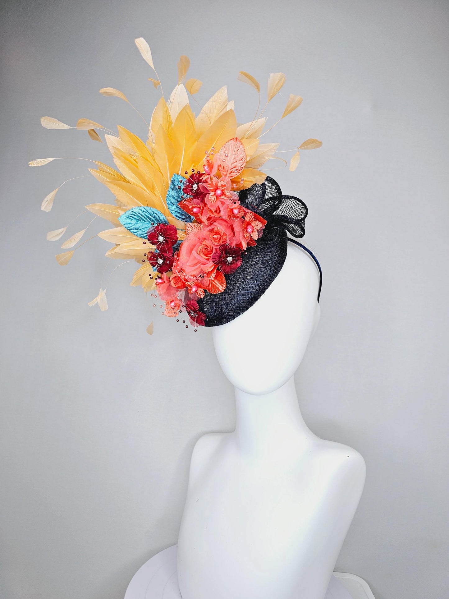 kentucky derby hat fascinator black sinamay, apricot orange yellow feathers, coral orange wine red satin flowers, sky blue coral leaves