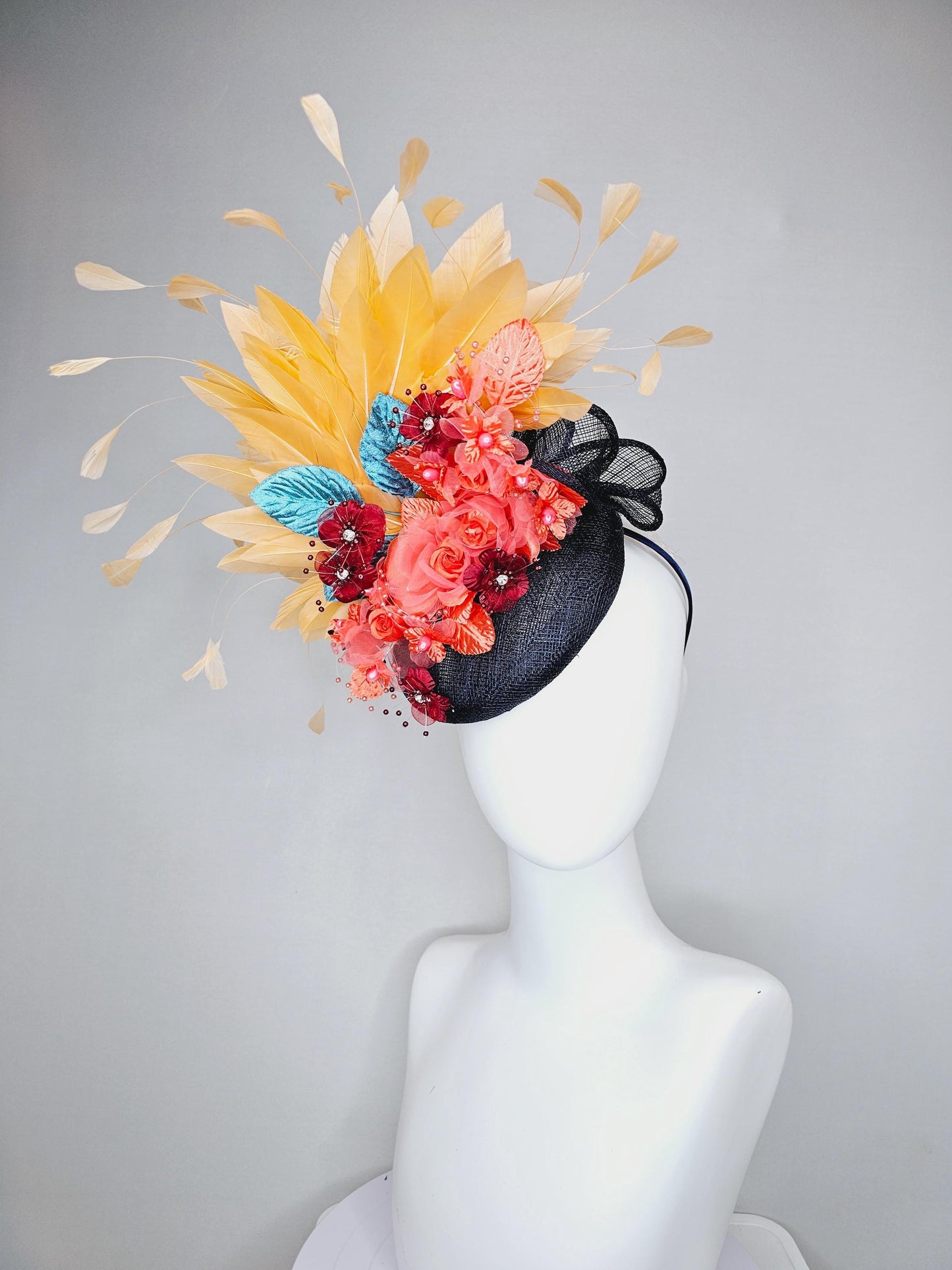 kentucky derby hat fascinator black sinamay, apricot orange yellow feathers, coral orange wine red satin flowers, sky blue coral leaves