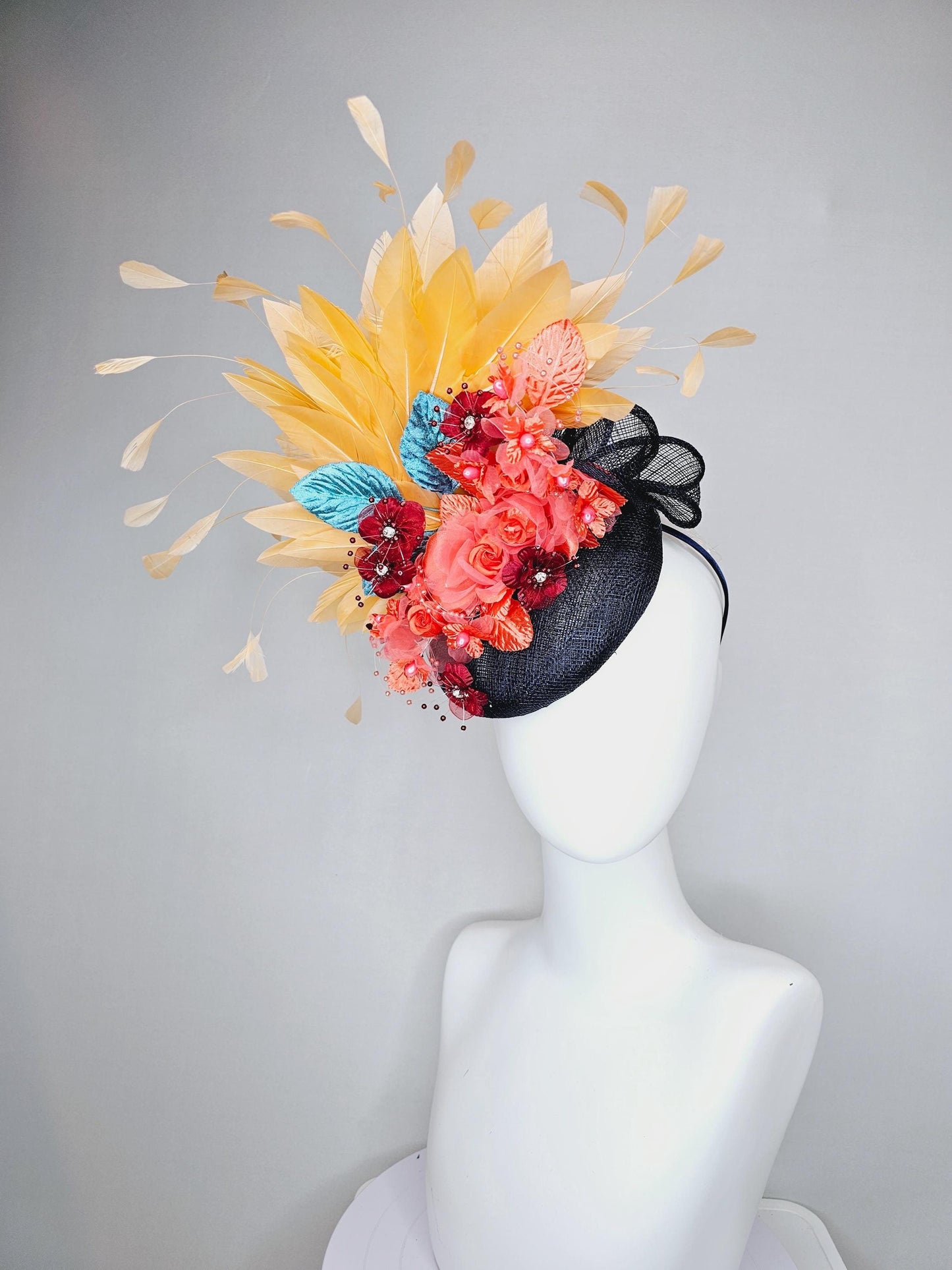 kentucky derby hat fascinator black sinamay, apricot orange yellow feathers, coral orange wine red satin flowers, sky blue coral leaves