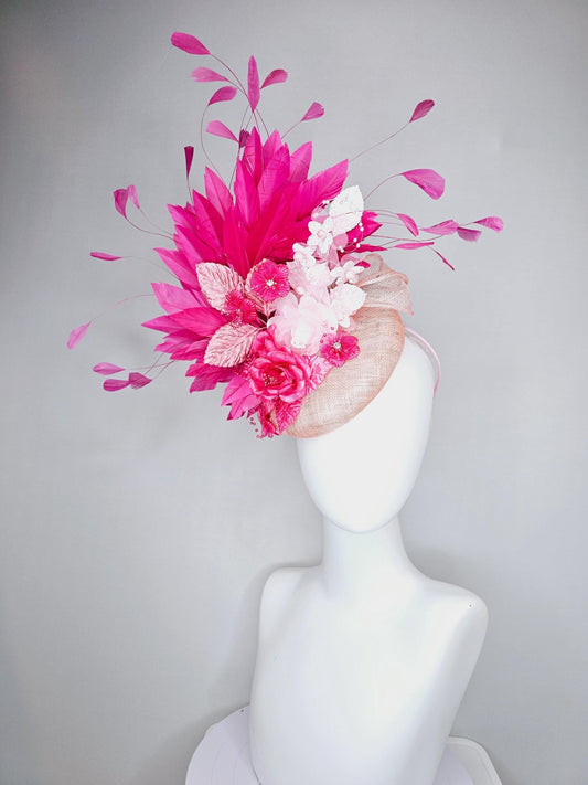 kentucky derby hat fascinator light pink sinamay with bright pink branching feathers, bright pink light pink satin flowers,blush pink leaves