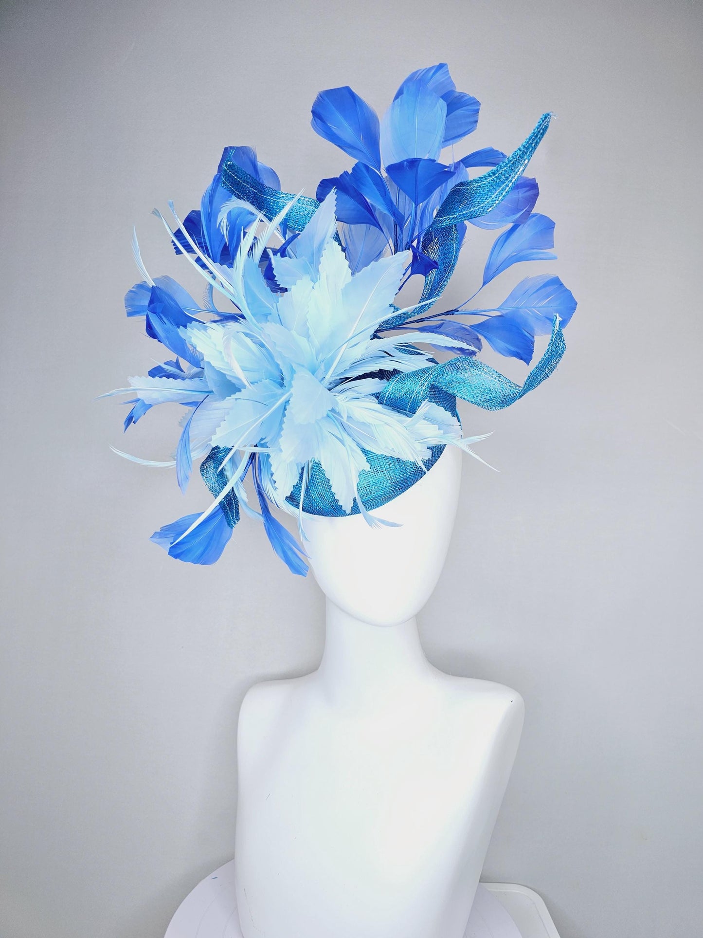 kentucky derby hat fascinator blue sinamay with curls and royal blue branching feathers,light baby blue large feather flower