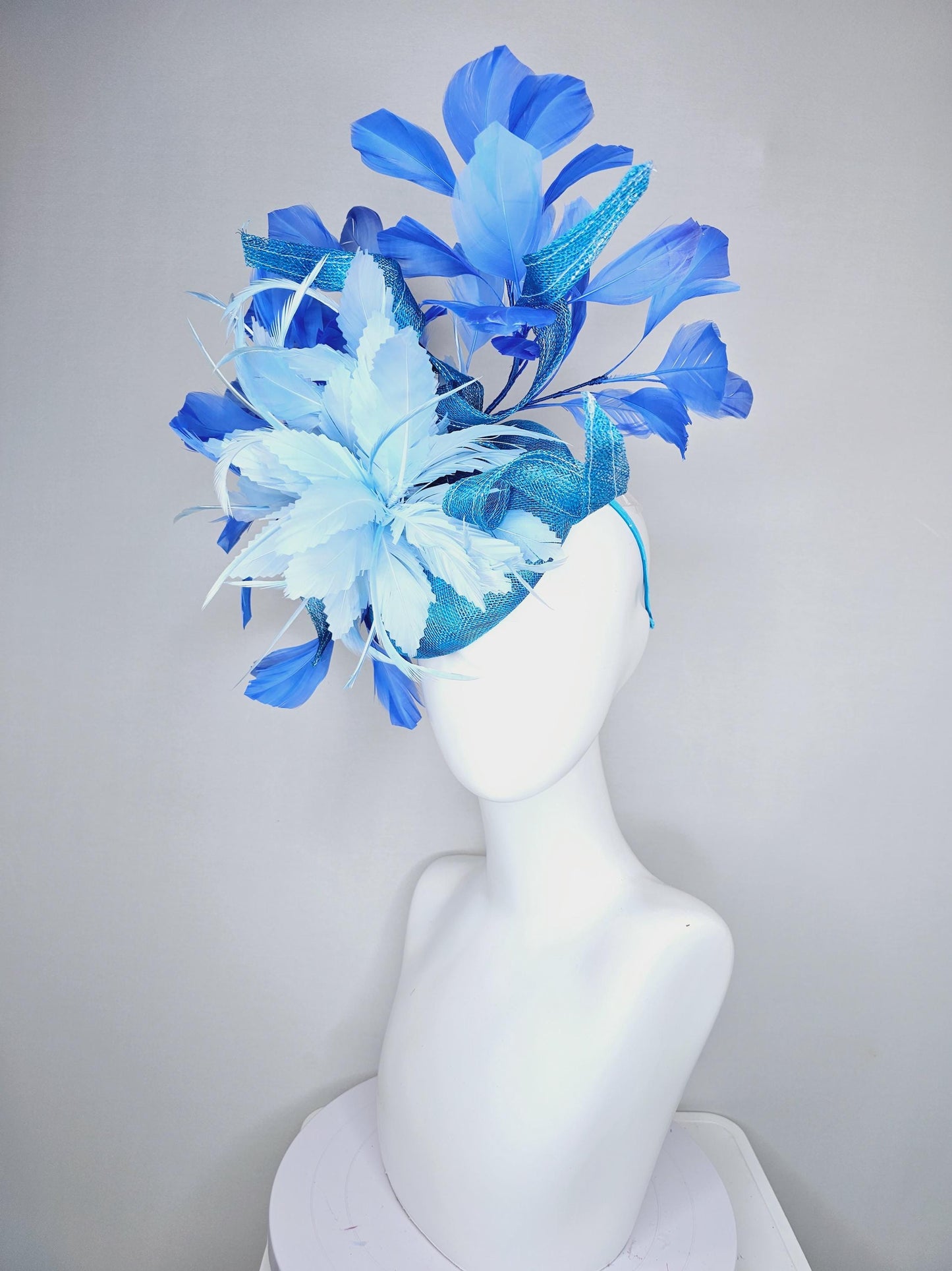 kentucky derby hat fascinator blue sinamay with curls and royal blue branching feathers,light baby blue large feather flower