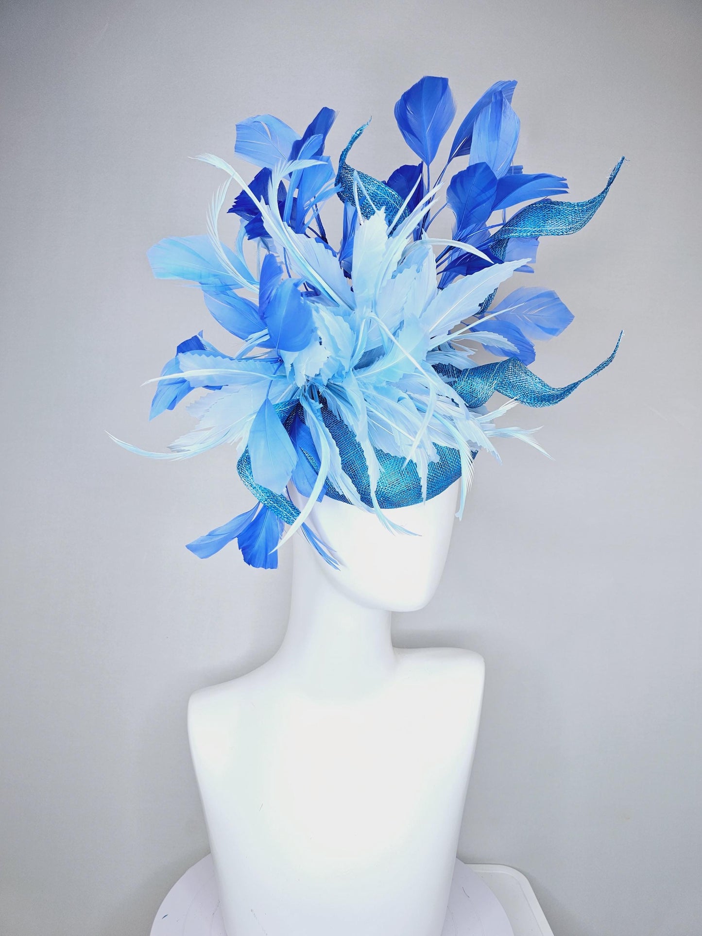 kentucky derby hat fascinator blue sinamay with curls and royal blue branching feathers,light baby blue large feather flower