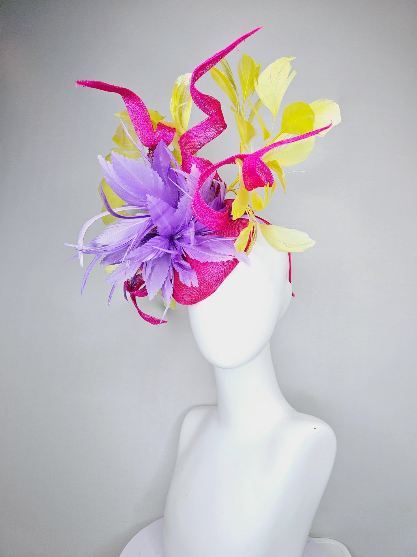 kentucky derby hat fascinator hot pink sinamay with curls and bright yellow branching feathers and purple feather flower