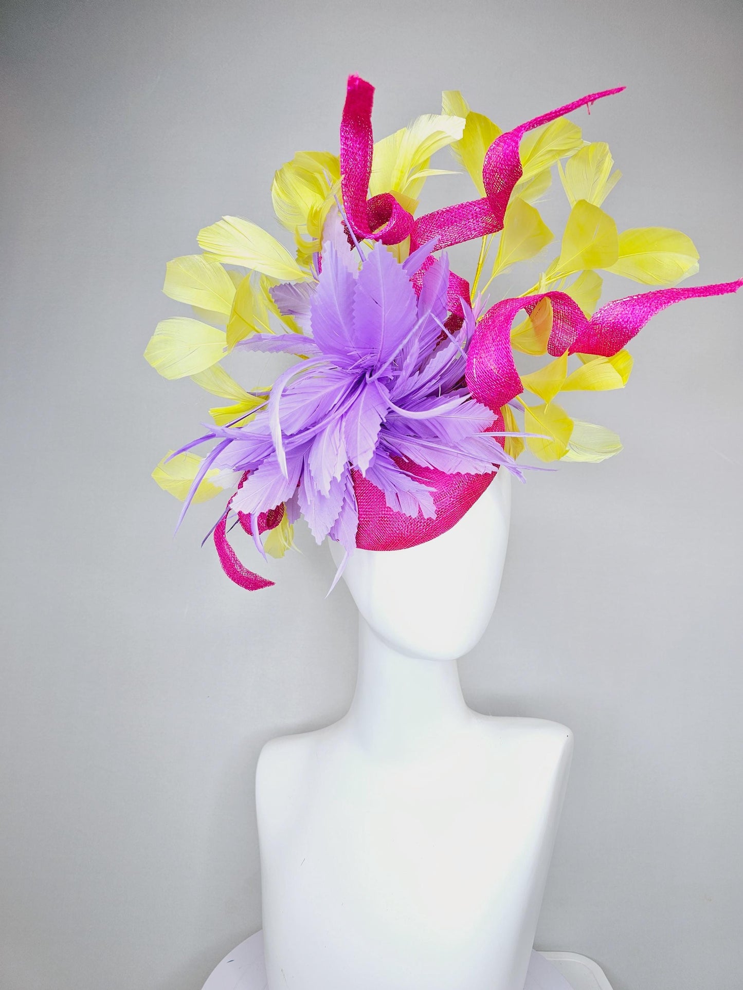 kentucky derby hat fascinator hot pink sinamay with curls and bright yellow branching feathers and purple feather flower