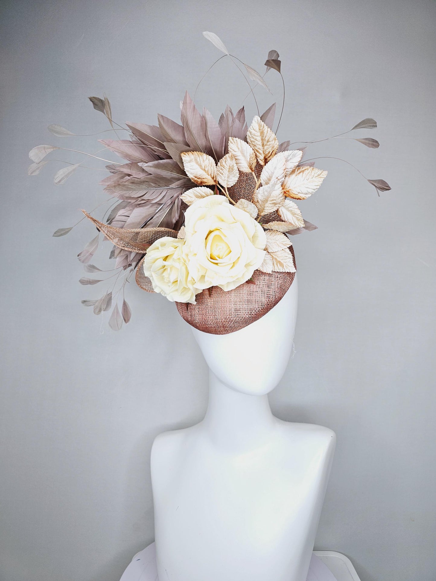 kentucky derby hat fascinator dusty pink sinamay,neutral taupe brown gray branching feathers,gold tan cream leaves,cream satin silk roses