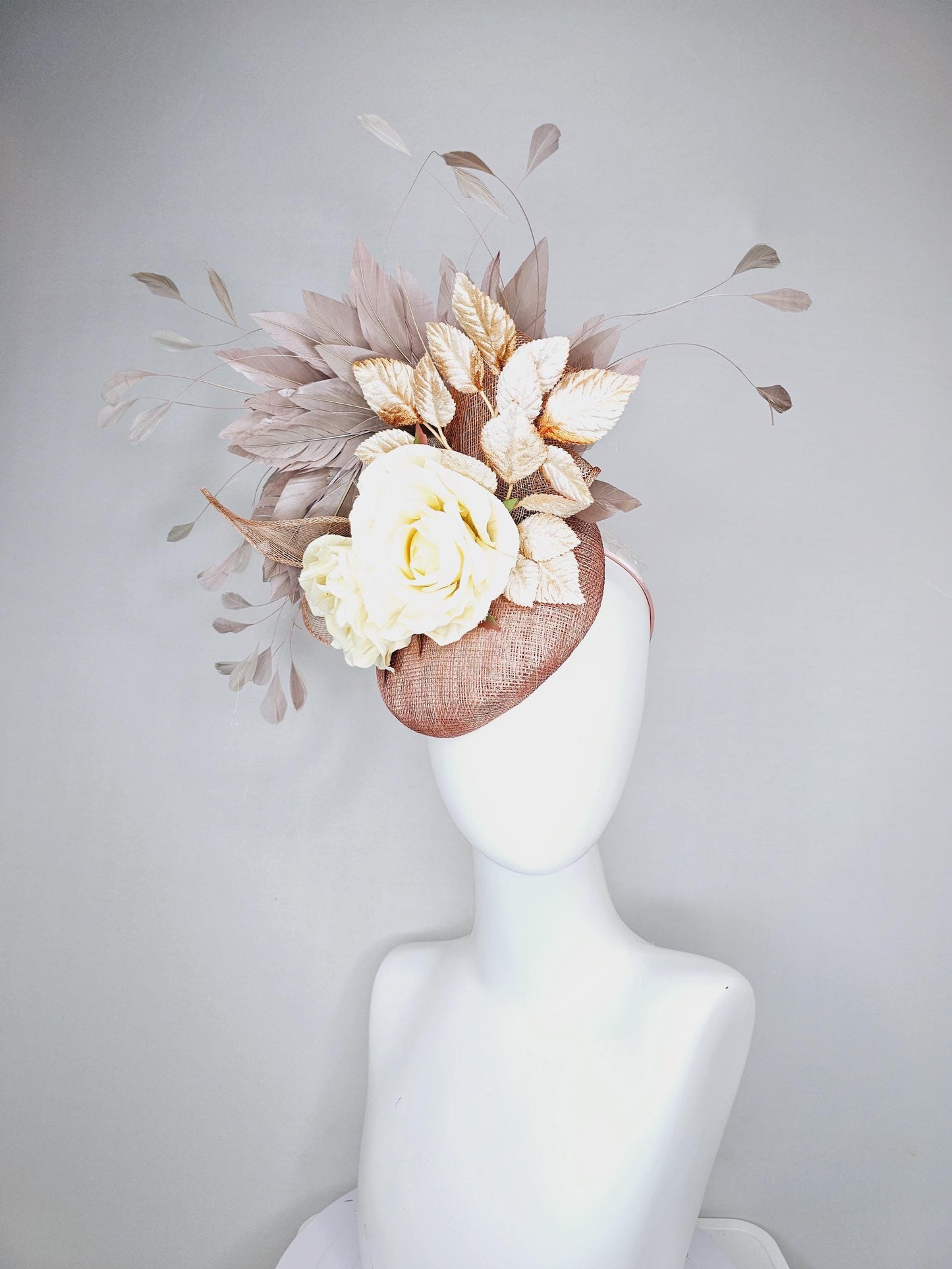 kentucky derby hat fascinator dusty pink sinamay,neutral taupe brown gray branching feathers,gold tan cream leaves,cream satin silk roses