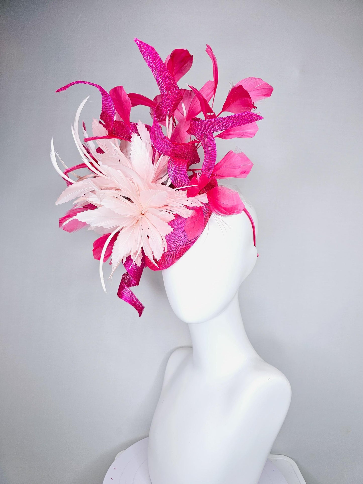 kentucky derby hat fascinator hot bright pink sinamay with tall curls,pink branching feathers and light pink large feather flower