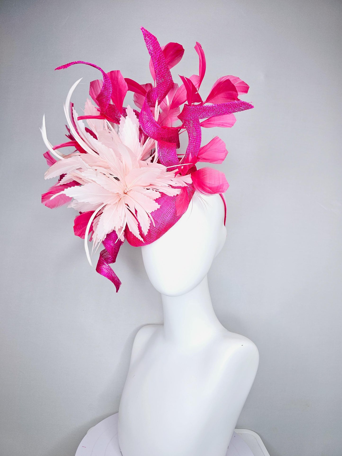 kentucky derby hat fascinator hot bright pink sinamay with tall curls,pink branching feathers and light pink large feather flower