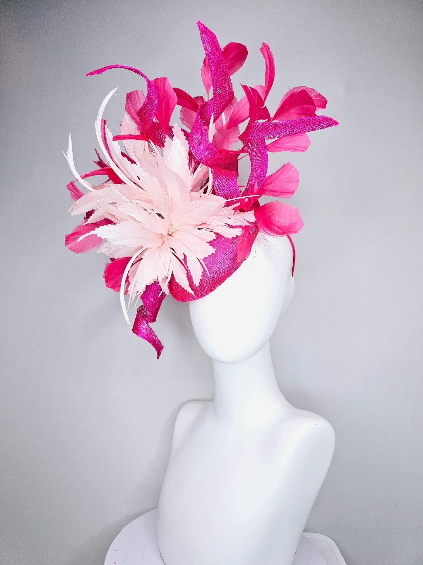 kentucky derby hat fascinator hot bright pink sinamay with tall curls,pink branching feathers and light pink large feather flower