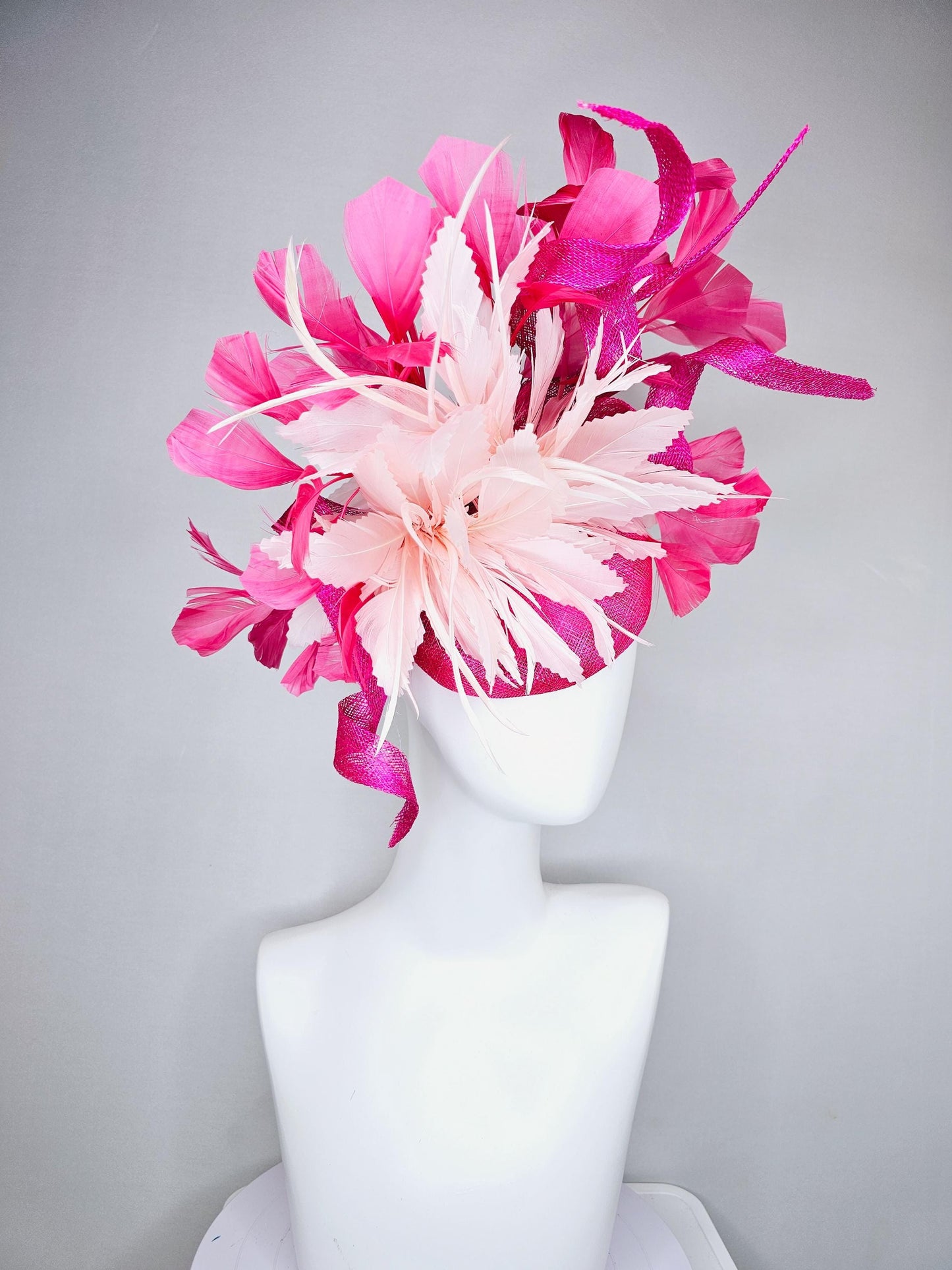 kentucky derby hat fascinator hot bright pink sinamay with tall curls,pink branching feathers and light pink large feather flower