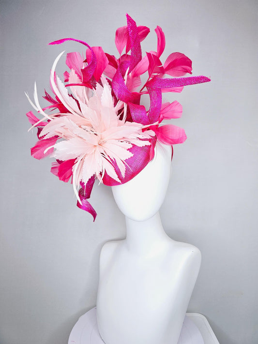 kentucky derby hat fascinator hot bright pink sinamay with tall curls,pink branching feathers and light pink large feather flower