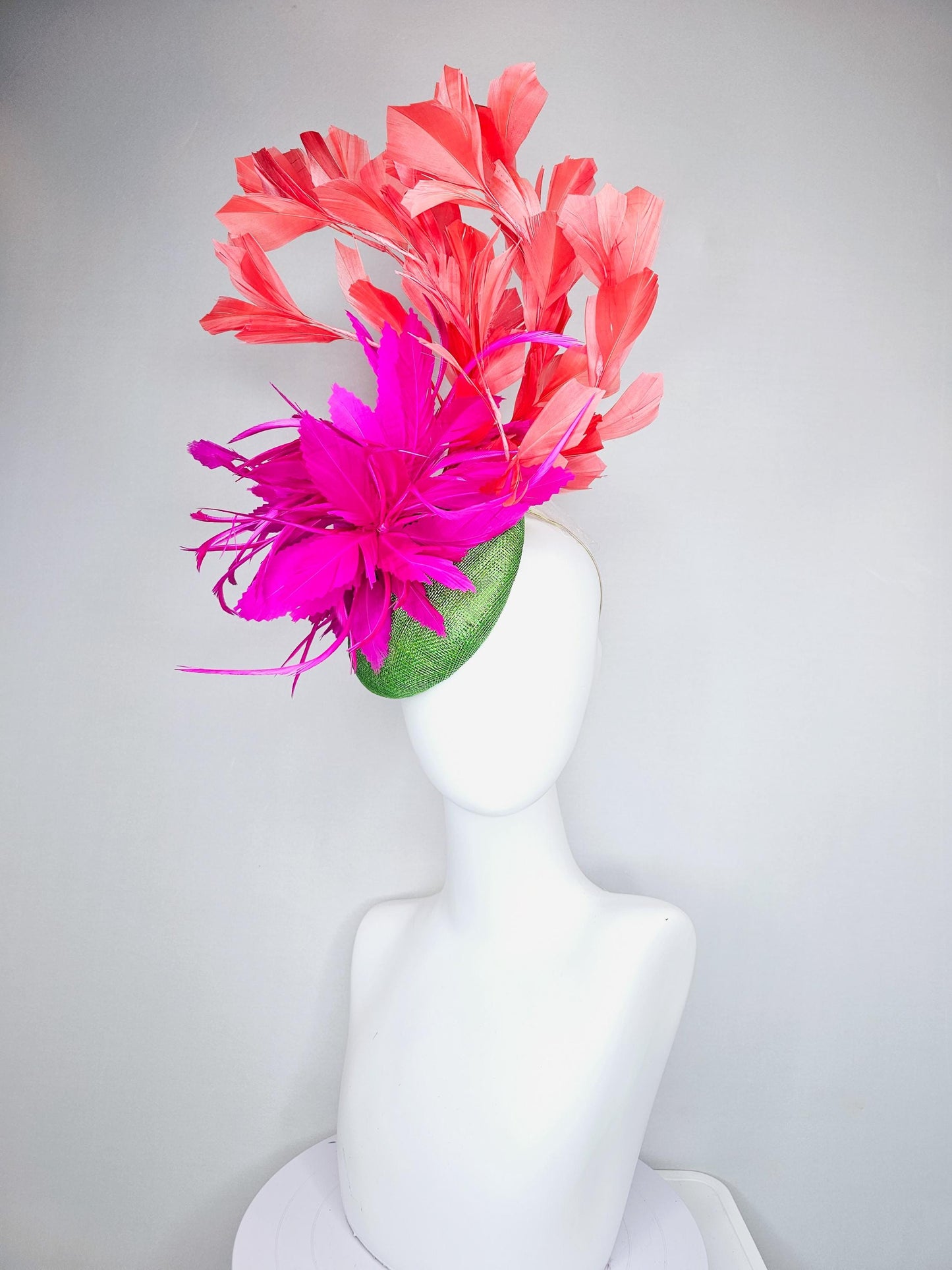 kentucky derby hat fascinator lime green sinamay base with bright pink fuchsia zigzag feather flowers, coral orange branching feathers