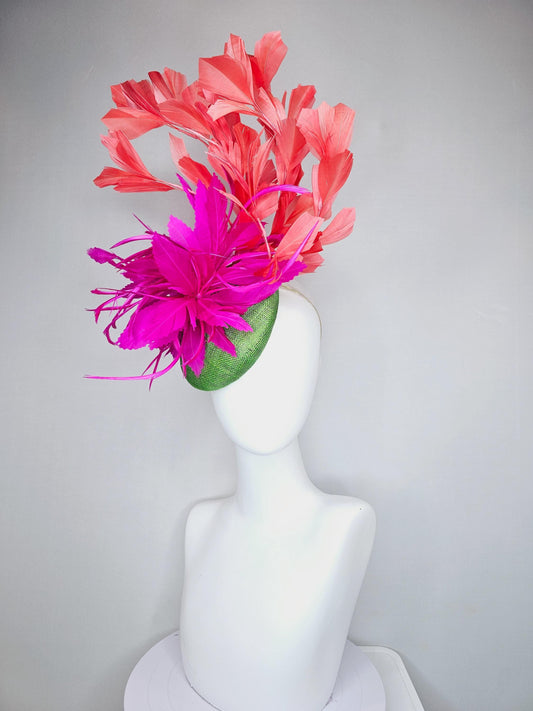 kentucky derby hat fascinator lime green sinamay base with bright pink fuchsia zigzag feather flowers, coral orange branching feathers