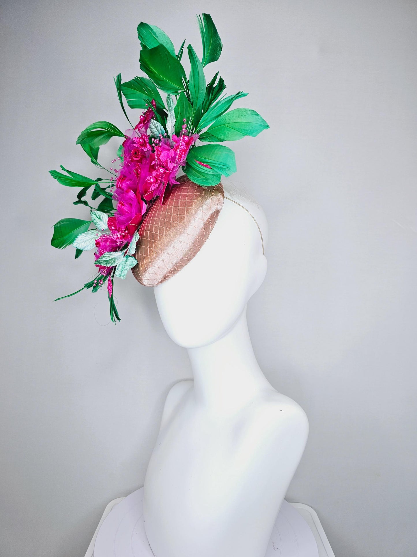 kentucky derby hat fascinator champagne satin w/ netting, bright pink fuchsia organza satin flowers,mint green leaves,emerald green feathers