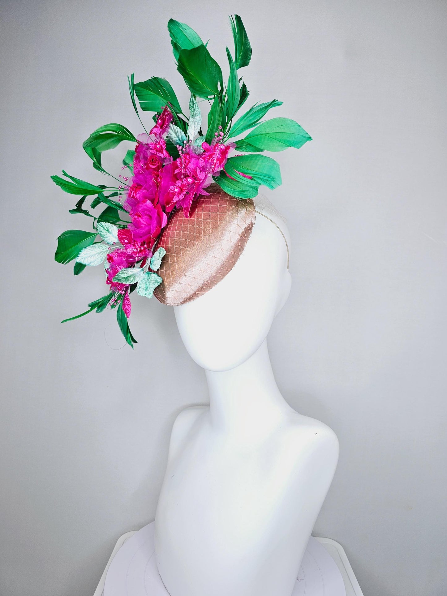 kentucky derby hat fascinator champagne satin w/ netting, bright pink fuchsia organza satin flowers,mint green leaves,emerald green feathers