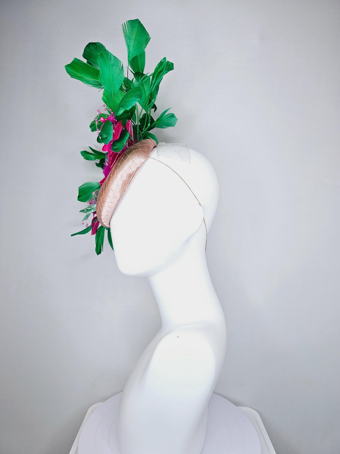 kentucky derby hat fascinator champagne satin w/ netting, bright pink fuchsia organza satin flowers,mint green leaves,emerald green feathers