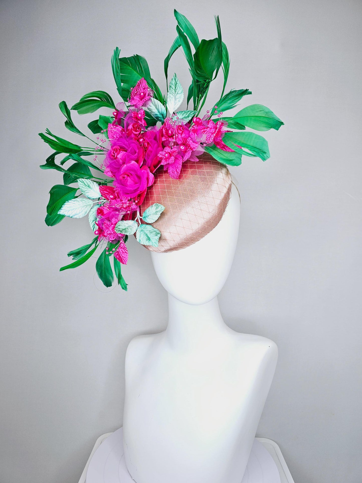 kentucky derby hat fascinator champagne satin w/ netting, bright pink fuchsia organza satin flowers,mint green leaves,emerald green feathers